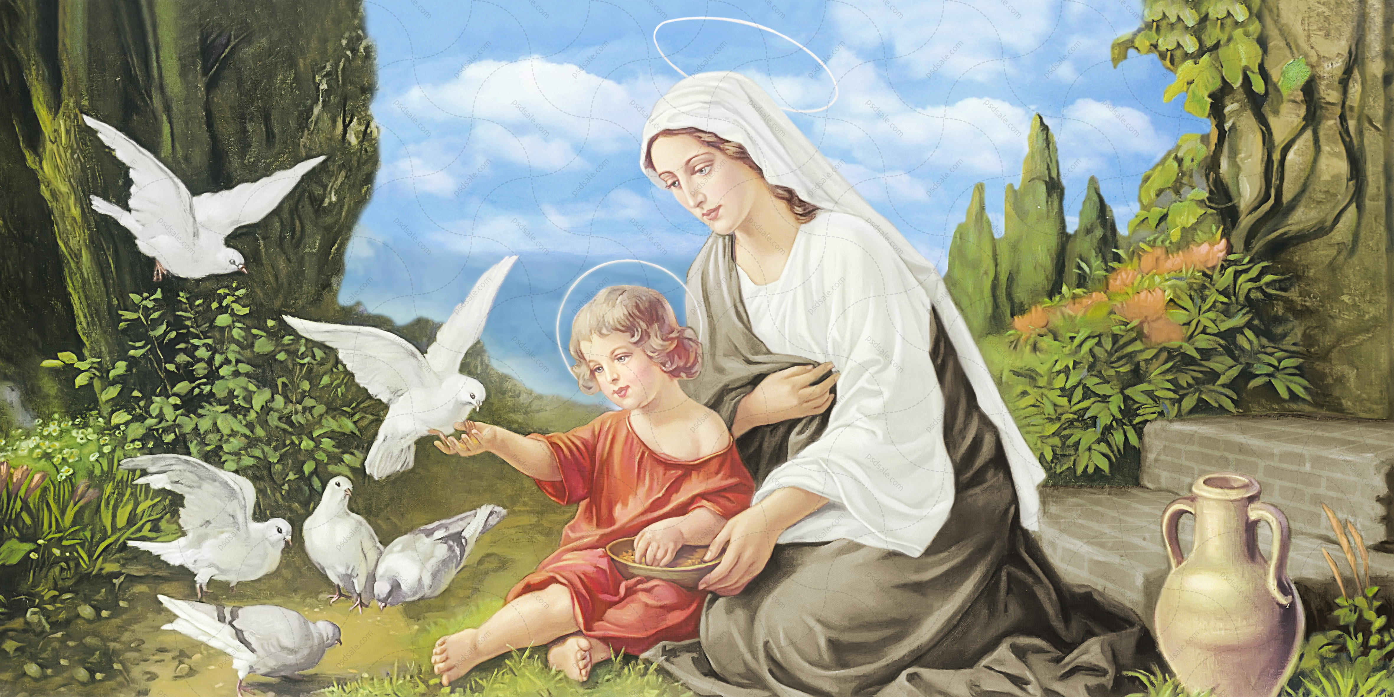 Mother of God with Jesus, doves